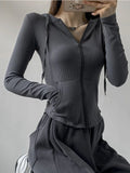 Getadme- Gothic Streetwear Zip Up Oversized T Shirts Women Vintage Sexy Solid Hooded Cardigan Long Sleeve Cropped Tops Tracksuit