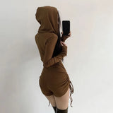 Wasteland Style Black Hooded Rompers for Women's Summer Thin Long Sleeve Drawstring Shorts Niche Slim Spicy Girl Jumpsuit Shorts