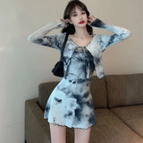 Getadme-2pcs Set Autumn  Tie-dye Design Sense Tube Top Dress Women Fashion Cardigan Top Two-piece Suit