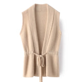 Luxury 100% Merino Wool V-Neck Tie Vest Women's Knitted Cardigan Coat Sweater 2023 Autumn/Winter Fashion Soft Comfortable Jacket