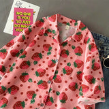 Japan Kawaii Fruit Strawberry Graffiti Button Up Shirt Cute Sweet Girl Teens POLO Shirts Short Sleeve Tops Korean Fashion Beach