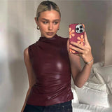 Getadme PU Leather Tank Top High Fashion Asymmetrical Ruched Sleeveless Blouse Winter Sexy T Shirt For Women Y2K Clothes