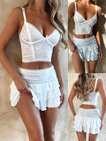 Getadme-Women´s 2 Piece Summer Outfits White V Neck Lace Floral Cami Tops Tiered Ruffle Skirt Set