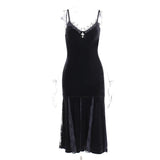 Sexy Spaghetti Strap Backless Velvet Woman Long Dress Gothic Cross Black Lace Patchwork Maxi Robe Harajuku Emo Partywear CC22161