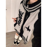 Deeptown Streetwear Y2k Zip Sweater Cardigan Women Retro Grey Striped Patchwork Oversize Letter Jumper Korean Style Knitted Top