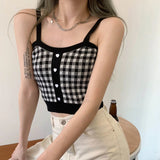 Plaid Button Tank Tops Spaghetti Strap Women Summer Fashion Y2K Cute Korean Knitted Tight Sleeveless Vest Crop Top Female