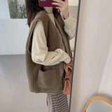 Fleece Waistcoats for Women Plush Vests O-neck Casual Sleeveless Cardigans Oversized Wear Both Sides Jackets Loose Women Tops