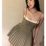 Getadme-Y2K Pleated A-line Short Skirt Small Girl Slash Neck A Line Patchwork Ballet Strap Dress Summer Super Mini Party Dress