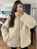 Getadme Elegant Solid Lamb Wool Warm Coat Women Fashion With Pocket Zipper Long Sleeves Jackets  Autumn Casual High Street Outwear