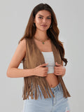 Women Fringe Vest Open Front Rivets Tassel Sleeveless Vest Coat Vintage Cowgirl Hippie Casual Jacket Outwear