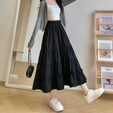 Summer Women Chiffon Skirts Vintage High Waist Elastic Patchwork White Black Chic Long Cake A-line Skirt for Student N5860