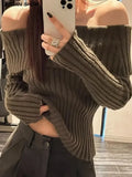 Getadme-Autumn Winter Solid Color Rib Knitted Off the Shoulder Pullover Sweater Sexy Women Full Sleeve Slim Stretch Knitwear Jumper