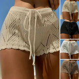 Getadme-Breathable Summer Shorts High Waist Knitted Lace Beach Shorts for Women Soft Breathable Drawstring Elastic Waist Solid Color