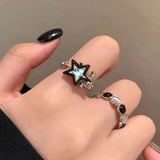 New Y2K Kpop Lucky Star Ring Heart Adjustable Irregular Geometric Punk Retro Women Crystal Ring Set Fashion Girls Jewelry Gifts