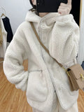 Getadme New Korean Fashion Jacket Women Autumn/Winter Single Breasted Hooded Imitation Lamb Wool Top Vintage Thick Coat Women Clothing