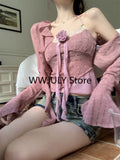 Getadme-Autumn Pink Elegant 2 Piece Set Office Lady Lace Sexy Strap Tops Casual Cardigan Korean Fashion Blouse Suit Woman Outfits