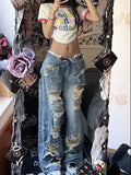Retro Washed Ripped Blue Jeans for Women American Loose Straight Slim Personality Wide Legs Pants Mop The Floor Long Pants Tide