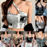 Getadme-Classic Newspapers Letter Print Tops Women Y2k Push Up Camisole Padded Bra Suspender Tanks Newsprint Camis Female Sleeveless Top