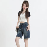 High Waisted Denim Shorts Women Summer Korean Fashion Y2k Bottoms White Retro Blue Black Jeans Knee Length Female Jean Short