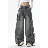 Women Blue Jeans Cargo Pants Streetwear High Waist American Wide Leg Pants Fashion Y2K Style Female Winter Straight Trousers