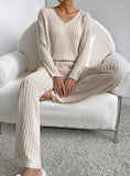 Getadme Casual Sets for Women 2 Pieces Autumn New Loungewear Loose V-Neck Long Sleeve Top and Pit Strip Knitted Straight Pants Suit