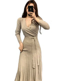 Dresses Stretchy Women Knitted Bodycon Pencil Dress Autumn Winter Solid Vestidos Long Sleeve V Neck Slim Lady Chic Dress