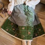 Mori Girl Pastoral Style Vintage Floral Cotton Linen Long Skirts for Women Loose Casual Elastic Waist Lace Edge Cute Green Skirt