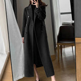 Winter Trench Coat For Women Elegant Fashion Korean Casual Wool Coat Navy Blue Lace-up Long Jacket  Black Woman Coat With Blet