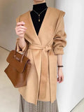 Getadme-Autumn Mid-length Hooded Coat Women Black Water Ripple Cashmere Coat Female New Winter Casual Lace-up Loose Beige Coat Classic