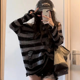 Getadme-Y2K Oversized Sweater Thin Striped Knitted Gothic Streetwear Grunge Aesthetic Slytherin Pullovers Punk Jumper Hole Tops E-girl