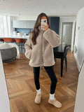 Solid Casual Loose Zippered Plush Jacket Women's Fashion Elegant Long Sleeve Overcoat 2023 Autumn/Winter Thick Warm Street Wear