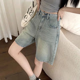 Vintage Blue Denim Shorts Women Fashion Streetwear Straight Knee-Length Jeans Woman Summer High Waist Baggy Jean Shorts