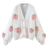 Getadme-Cute Strawberry Women Cardigan Sweater Winter Loose Fashion V Neck Hand 3D Knitting Ladies Jumper Casual Female Coats New