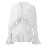 Getadme Elegant Women Loose White V-Neck Pleated Shirts Female Lantern Full Sleeve Tops Blouses Casual Blusas Spring Autumn