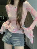 Pink Tie Dye Mesh Tops Women Summer Long Sleeve See Through Slim Sunscreen T Shirt Grunge Aesthetic Hot Girl Skinny Y2k Clothes