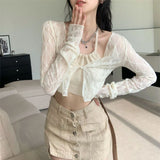 Getadme-2024 Summer Cardigans Women Korean Style V-neck Solid Color Long Sleeve Slim Versatile Office Lady Short Chiffon Blouse Female