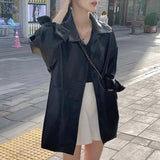 Korean Pu Leather Soft Black Jackets Long Sleeve Waterproof Coats Streetwear Retro Oversized Turn Down Collar Suits For Women