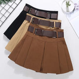 Getadme-Brown Belted Mini Skirt Low Waisted Pleated Skirt with Belt Women Academia Aesthetic Vintage Outfit