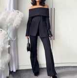 Getadme Two Piece Sets for Women Autumn New Fashion Street One Shoulder Irregular Blazer Suit and Commuting Straight Long Pants Set