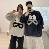 2024 New Coral Velvet Couple Pajamas Women Thickened Autumn Winter Sleepwear Plus Velvet Flannel Men Round Collar Homewear Suit