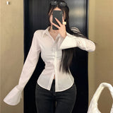 Getadme-Fashion Women Bandage Shirts Korean All Match Streetwear Female Slim Blouse Spring Casual White Bell Sleeve Shirt New