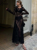 Sexy Black Lace Women's Dress Elegant O-Neck Long Sleeve Transparent Dresses Fashion Straight Ankle-Length Dresses Female