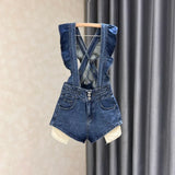 Getadme-Large Size Denim Strap Shorts Women's Summer High Waisted A-line Jumpsuit Pants Sweet Ruffled Edge Short Jeans Size S-5XL