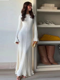 Women Solid Ruffles Knitted Dress Loose Elegant O Neck Long Trumpet Sleeve Maxi Dresses 2024 New Spring Summer Female Knitwear