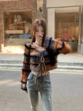 Korean style Spring Autumn New Streetwear Sexy Long-sleeved Cardigan Women Striped Knit Sling Dress Two-piece Suit