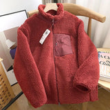 Getadme Couple's Autumn/Winter New Zipper Loose Windproof Pocket Jacket Casual Stand Up Collar Warm Lamb Wool Coat Outdoors Running Wear