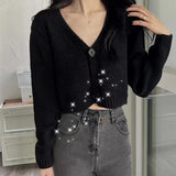 Sexy New Korean Version Short V-neck Loose Top Long Sleeved Knitted Cardigan Short Sweater for Women