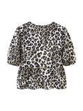 Women Sweet Bow Tied Lace Up Leopard Print Blouse Female Chic Pleats Puff Sleeve Casual Ruffles Shirt Blusas Tops LS303