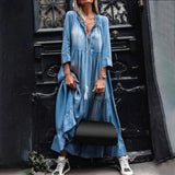 Loose 3/4 Sleeve Women Tassel Dress Vintage Lace V Neck Large Hem Maxi Denim Dress