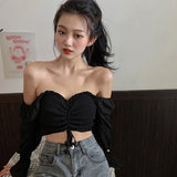 Women's Fashion Square Collar Sexy Sweet Pleated Soild Navel Exposed Chiffon Long Sleeves Shirt Blouses Spring Autumn